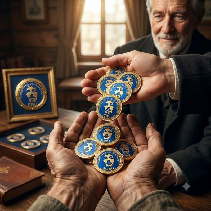 An older bearded man in a dark suit pours a cascade of gold and blue coins stamped with "GBU" and a face logo into the open hands of another person, alongside a framed display of the same "$GBU" coin and a locked presentation box. The image reinforces the post's message by visually representing the $GBU token ("GodBlessYou") being handed off as a prized, tangible asset, symbolizing the growing momentum and community-backed value being "passed" to holders on the Solana ecosystem.