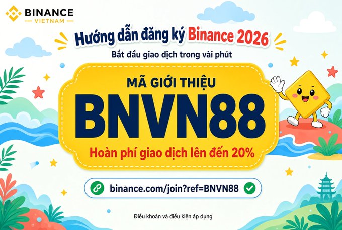 A Binance Vietnam referral banner featuring the promo code 'BNVN88' with a yellow character mascot, advertising up to 20% trading fee rebate via the link binance.com/join?ref=BNVN88.