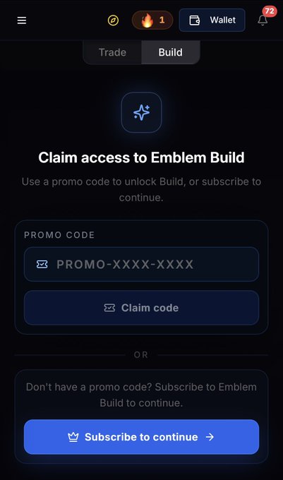 A mobile app screen showing 'Claim access to Emblem Build' with options to enter a promo code or subscribe to continue, featuring a dark blue interface with input fields and buttons.