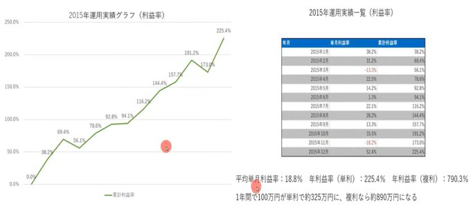 A 2015 investment performance graph (Japanese: 2015年運用実績グラフ) showing a yearly cumulative return of 225.4% and monthly returns table, with text noting that investing 1 million yen at 100 yen profit yielded about 3.25 million yen, and replicating monthly would yield about 8.9 million yen.