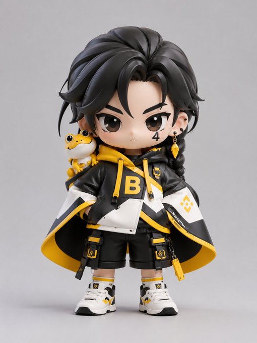 The image features a small figurine of a boy with black hair wearing a yellow and white outfit that includes a jacket, shorts, and shoes. The figurine also has a frog as its companion, which is holding a frog in its mouth. The boy's face shows a serious expression, giving the impression that he might be a wizard or a powerful character from a fantasy world. The post mentions that this figurine is called "Codename: #4 Frog Knight Black braided hair, mysterious cloak, little frog partner, the number ?".
