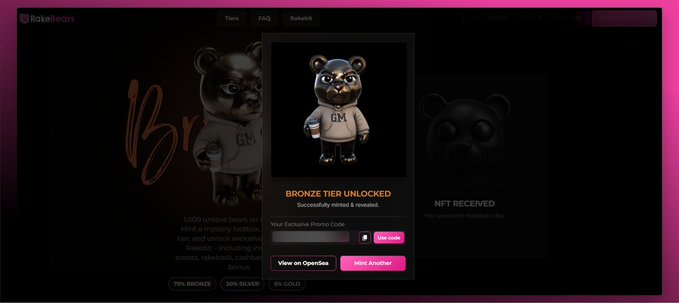 A promotional screen for Bak3dBears showing 'BRONZE TIER UNLOCKED' with 1,000 unique hearts on mint required, featuring an exclusive promo code and 'View on OpenSea' and 'Mint Another' buttons.