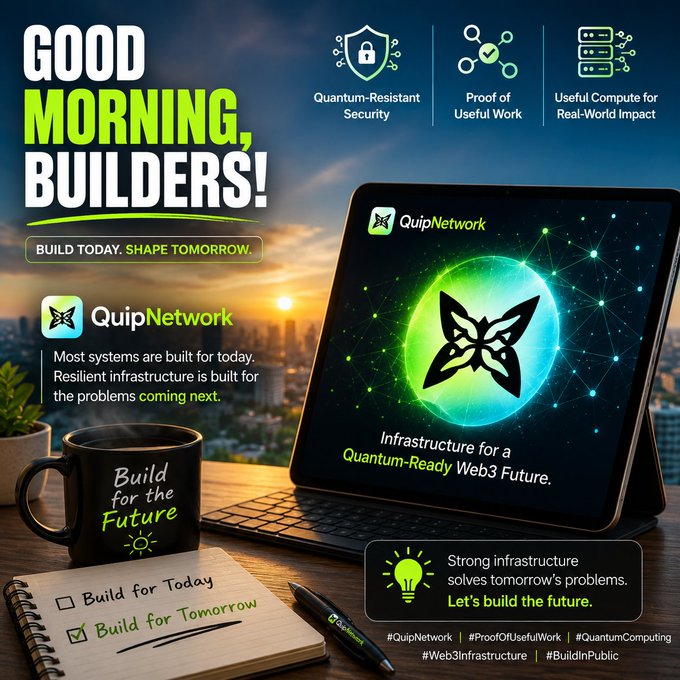 The image shows a "Good Morning, Builders!" promotional graphic for QuipNetwork, featuring a laptop displaying "Infrastructure for a Quantum-Ready Web3 Future," a coffee mug reading "Build for the Future," and highlights like Quantum-Resistant Security, Proof of Useful Work, and Useful Compute for Real-World Impact.

Notably, the post's caption about RiverdotInc ($RIVER) and SatUSD staking rewards does not match the image content at all—the graphic is entirely about QuipNetwork's quantum-resistant Web3 infrastructure rather than River's leaderboard milestone, creator content rewards, or DeFi integrations mentioned in the text.