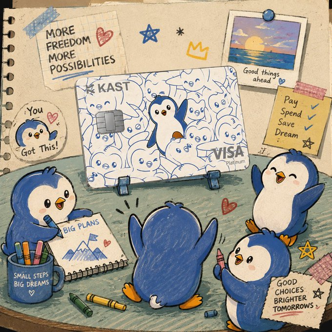 A hand-drawn sketchbook-style illustration shows cartoon penguins celebrating around a KAST Visa Platinum card, with handwritten notes like 'MORE FREEDOM MORE POSSIBILITIES', 'BIG PLANS', and 'SMALL STEPS BIG DREAMS'.