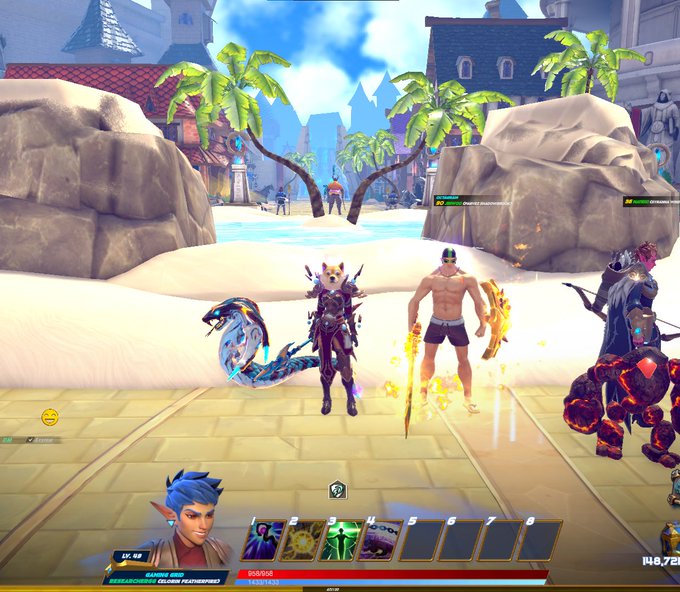 A screenshot from the video game Palworld showing a player character 'GUNNIR 032' standing on a beach with various player characters and creatures, with a battle UI at the bottom displaying health 806/800 and other stats.
