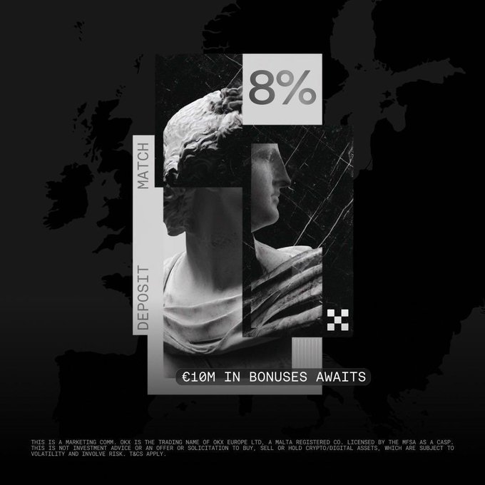 An OKX cryptocurrency marketing ad featuring a classical bust over a black map of Europe, advertising 8% match deposit bonuses up to €10M in bonuses.