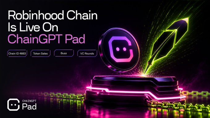 A neon-lit promotional graphic announces "Robinhood Chain Is Live On ChainGPT Pad," featuring the ChainGPT Pad logo alongside a glowing green rocket launching from a futuristic podium, with tags noting "Chain ID 4663," "Token Sales," "Buzz," and "VC Rounds"—visually symbolizing the "epic move" of Robinhood Chain launching on the ChainGPT Pad platform.