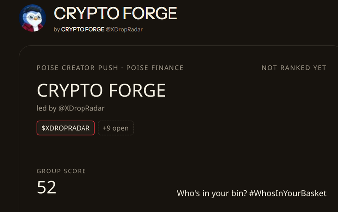 A screenshot of a crypto platform showing "CRYPTO FORGE" led by @XDropRadar, tagged as a "POISE CREATOR PUSH · POISE FINANCE" with a group score of 52 and the question "#WhosInYourBasket."
