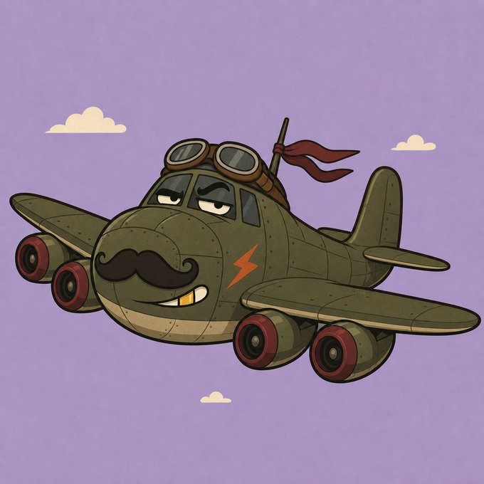 A cartoon illustration of a green military-style airplane with a face, wearing aviator goggles, with a brown mustache and a red pennant flag, set against a purple sky with small clouds.