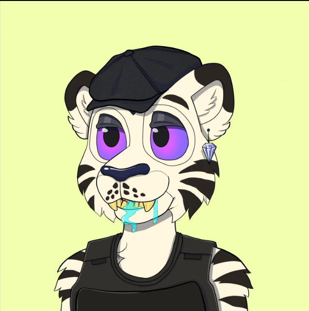 An animated cartoon-style portrait of a white tiger character with purple eyes, wearing a black cap and tactical vest, drooling with green saliva, on a pale green background.