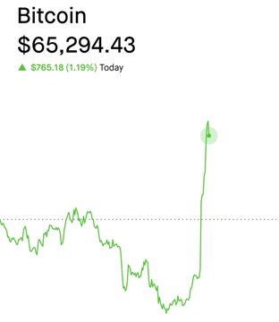 The image shows a graph illustrating the rise of Bitcoin's value against other cryptocurrency prices during the day. Specifically, there is a point above which Bitcoin has gained $65,000 while another cryptocurrency, named "Iranian oil", lost 5% from its peak. The text in the image reads, "Just In: Bitcoin breaks after President Trump announces a peace deal was reached with Iran." This suggests that Bitcoin's rise is attributed to positive news surrounding a potential peace agreement between two major world powers, which could lead to increased stability and economic growth in affected regions such as Iran.