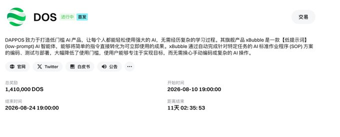 A cryptocurrency token page for DOS, describing DAPPOS's low-prompt AI product 'xBubble' for AI workflow automation, showing a total of 1,410,000 DOS over an 11-day period from August 2026.