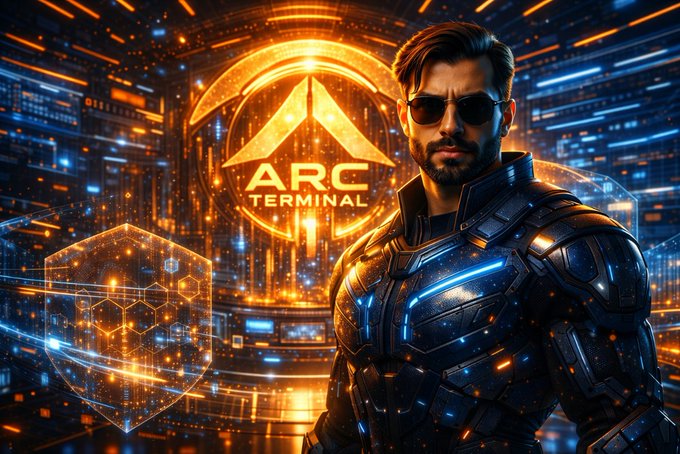 The image features a man wearing a futuristic suit with a helmet and sunglasses, standing against a backdrop that appears to be a computer screen or a digital art piece. The text "ARC Terminal" can also be seen in the image. This suggests that the man might be associated with an organization likeARC Terminal, which could potentially be related to the security of the system he is standing in front of. The presence of this security layer implies that it plays a crucial role in protecting sensitive information and ensuring the safety of the system from potential threats or unauthorized access.