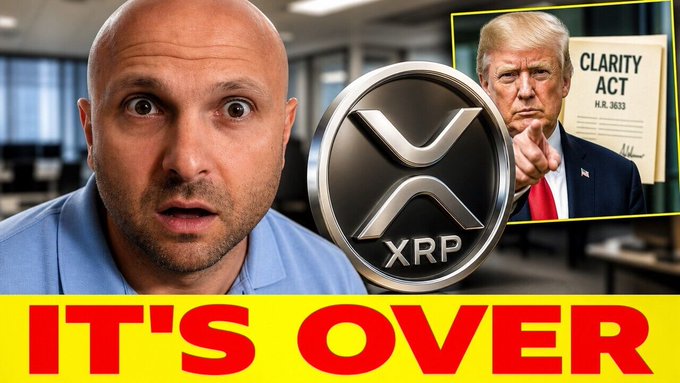 This thumbnail features a man with a shocked expression next to the XRP logo and a projected image of Donald Trump pointing, holding the "Clarity Act H.R. 3633". The overlaid text reads "IT'S OVER".