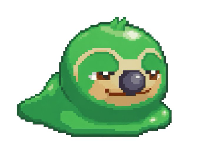 Pixel art illustration of a cute, chubby green sloth-like creature with a tan face, large dark nose, and half-closed eyes.