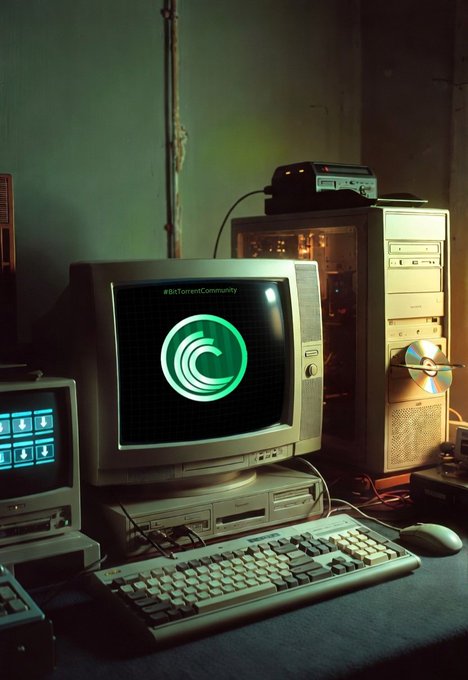 A vintage desktop computer setup with a CRT monitor displaying a green swirling logo and '#BitTorrentCommunity' text, accompanied by a keyboard, mouse, and old computer tower in a dimly lit room.