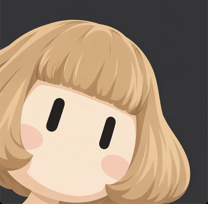 A close-up illustration shows a cartoon character with a pale face, black oval eyes, pink cheeks, and blonde hair against a dark background.