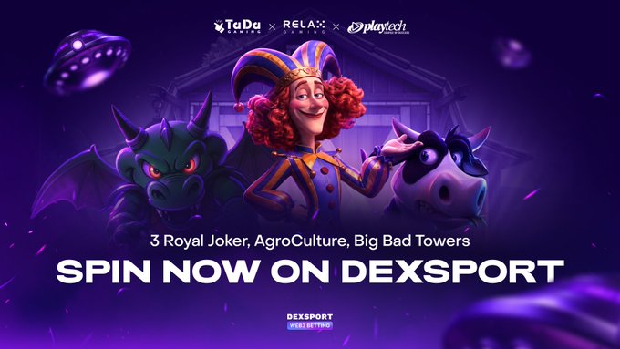A promotional banner for Dexsport's online casino featuring a cartoonish jester flanked by a dragon and unicorn, advertising new slot games including "3 Royal Joker," "AgroCulture," and "Big Bad Towers" alongside logos for TuDa Gaming, Relax Gaming, and Playtech.