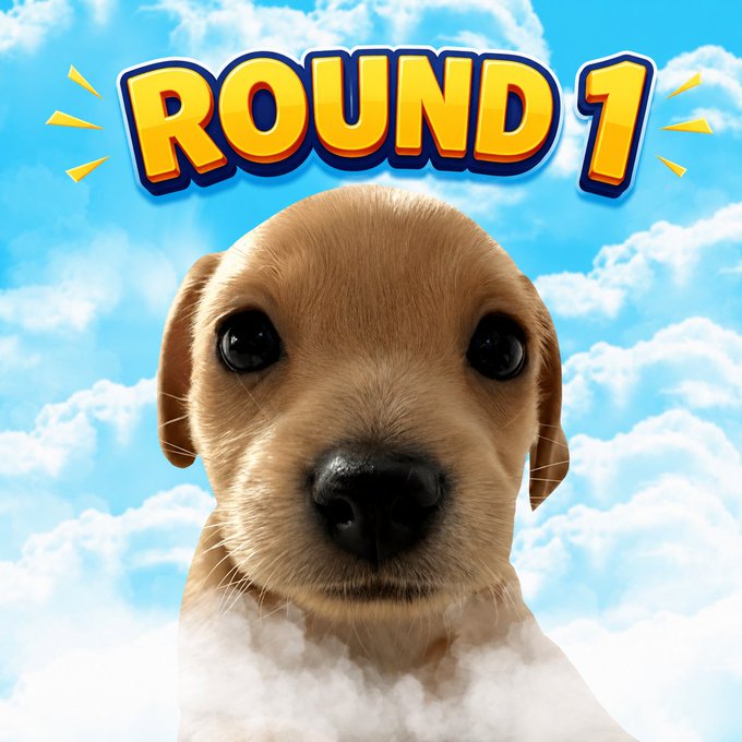 A cute puppy peeks out from fluffy clouds beneath a bright blue sky, with bold yellow "ROUND 1" text displayed above its head. The image playfully ties to the post's announcement that "round 1 of $BILLY unique way to the moon is starting tomorrow," using the puppy's heavenly, cloud-borne setting to visualize the token's "to the moon" journey.