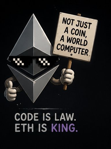 Digital artwork featuring an Ethereum logo character wearing pixelated sunglasses and holding a sign that reads 'NOT JUST A COIN, A WORLD COMPUTER,' with the tagline 'CODE IS LAW. ETH IS KING.' below.