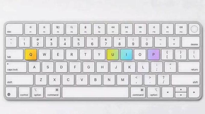A white keyboard is shown with four keys highlighted in different colors—yellow (Q), green (U), teal (I), and purple (P)—spelling out "QUIP," visually emphasizing the @quipnetwork brand mentioned in the post about decentralized quantum computing and post-quantum security.