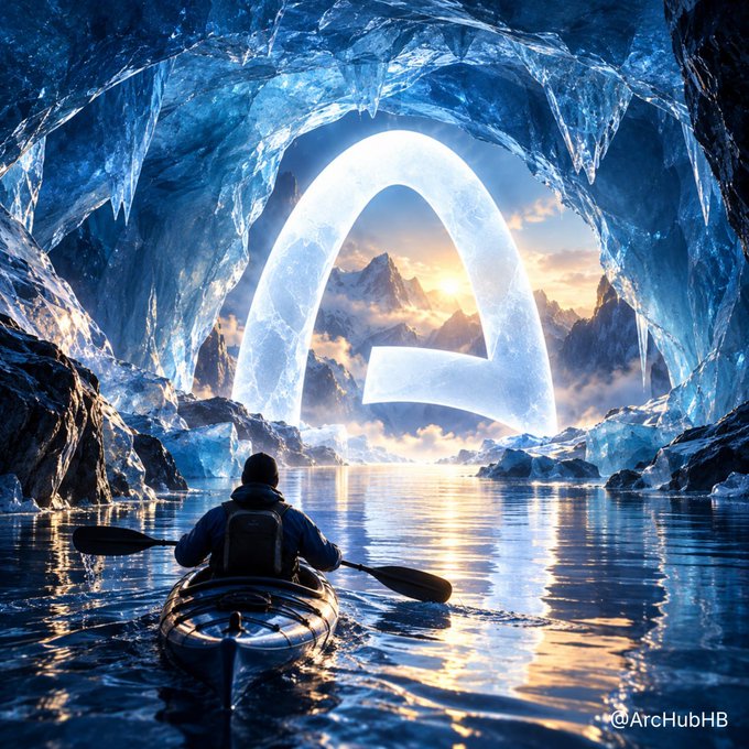 A digital artwork shows a person kayaking through icy waters inside a glacial cave toward a glowing, oversized letter 'A' that frames a sunlit mountain landscape. Watermark reads '@ArcHubHB'.