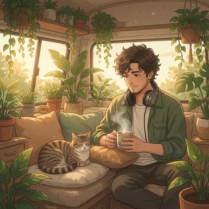 A young man with curly hair and headphones around his neck relaxes on a plant-filled couch with his tabby cat, holding a steaming mug of coffee. The image's cozy, unhurried atmosphere of someone enjoying a peaceful moment contrasts with the post's discussion of Tria's dynamic, community-driven Trading Floor where activity is "visible" and "measurable."