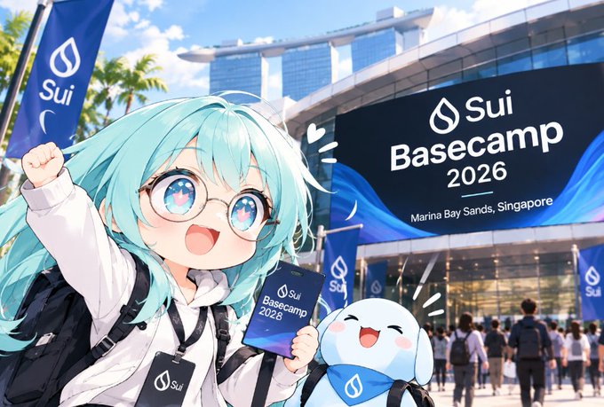 An anime-style illustration of a teal-haired character with glasses cheering while holding a 'Sui Basecamp 2026' badge, alongside a small mascot, with a banner reading 'Sui Basecamp 2026 Marina Bay Sands, Singapore' in the background.