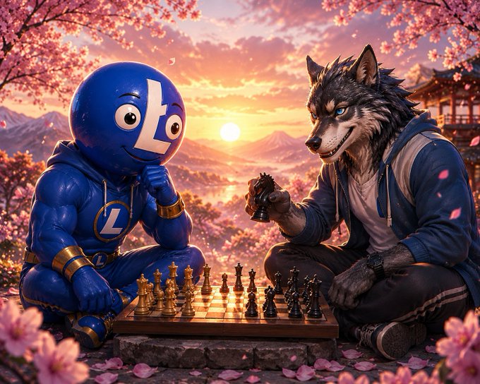 The image features two characters, one of which is a blue robot with a face wearing a gold crown, while the other character is a wolf with a black mask. They are playing chess together, with the robot holding up a piece on the board as if making a move. The background includes pink flowers and trees, creating an artistic and whimsical atmosphere for this scene.