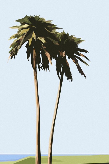 A minimalist digital illustration of two tall palm trees with slender brown trunks and green fronds, standing against a pale blue sky with a small strip of water and grass at the bottom.