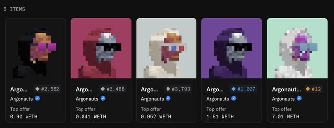 An NFT marketplace listing showing five items from the 'Argonauts' collection in different color schemes, with varying prices displayed in WETH cryptocurrency.