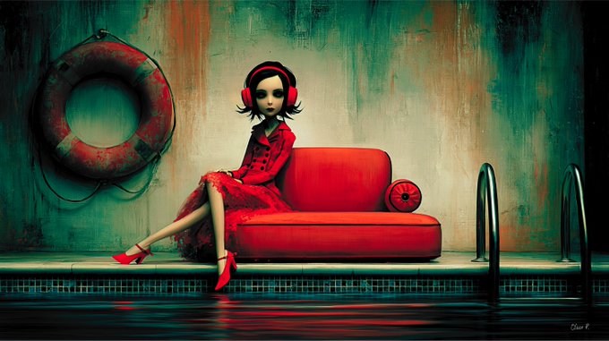 A stylized digital painting shows a pale figure in a red dress and headphones sitting on a red sofa by a pool, with a life preserver on the green wall behind her.