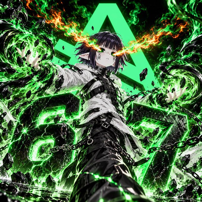 An anime-style illustration shows a dark-haired character with glowing eyes and pointed ears wearing chains, surrounded by green flames and a large green triangular symbol.