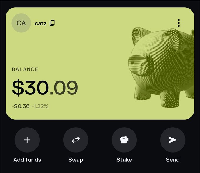 A financial app interface showing an account labeled 'catz' with a balance of $30.09 (down $0.36 or -1.22%), featuring a green piggy bank graphic and options for Add funds, Swap, Stake, and Send.