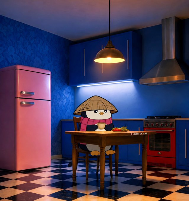A stylized 3D-rendered kitchen scene featuring a pink retro refrigerator, blue cabinetry, a red stove, and a checkered floor, where a penguin wearing a conical hat and red scarf sits at a wooden table with the text "A LIGHT OF LIFE."