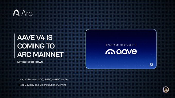 The image features an advertisement for a new cryptocurrency called "Aave 4" that is being promoted by Arc Aave V4, a blockchain platform. The advertisement includes a blue background with white text, which highlights the upcoming release of the new cryptocurrency on the Arc mainnet. The text also mentions that the new cryptocurrency will be available in simple terms and will be easy to use for anyone interested in investing or using it.