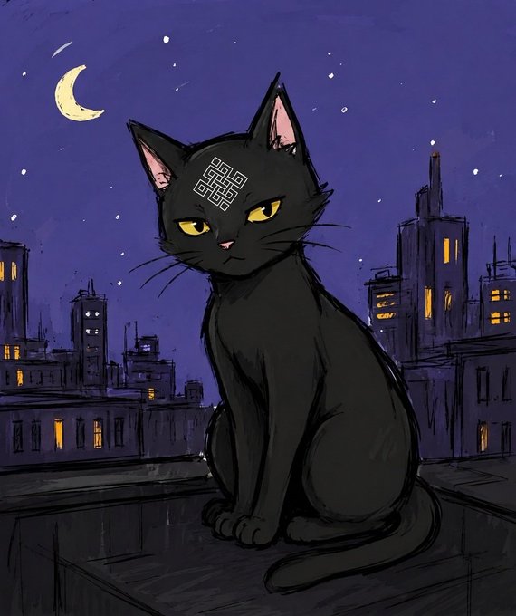An illustration of a black cat with yellow eyes and a crown-like symbol on its forehead, sitting on a rooftop at night with a crescent moon and a cityscape in the background.