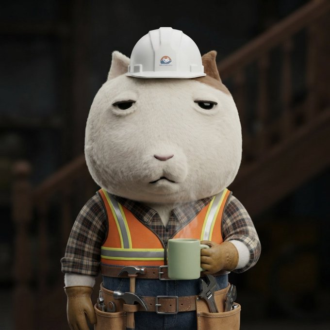 A 3D rendered character of a white cat wearing a white hard hat, orange safety vest, and tool belt, holding a green mug in a dimly lit construction setting.