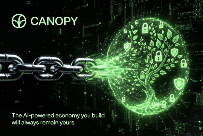 A promotional graphic for 'CANOPY' featuring a digital tree with padlock icons inside a green energy shield, symbolizing protection for 'The AI-powered economy you build'.