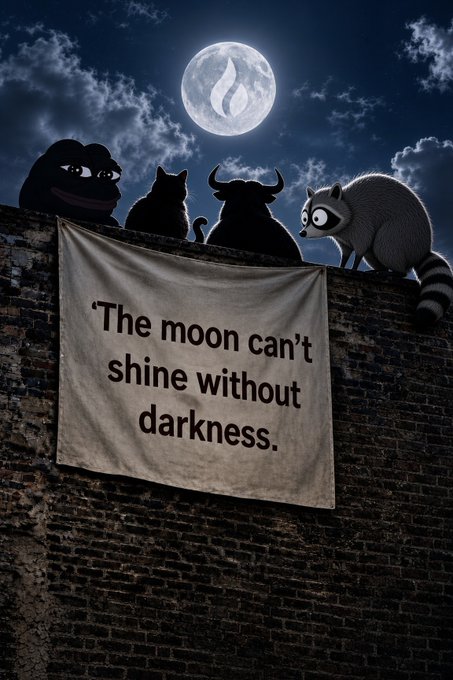 A digital illustration showing silhouettes of a lion, cat, bull, and raccoon on a brick wall at night beneath a full moon with a flame symbol, alongside a banner reading "'The moon can't shine without darkness.'"