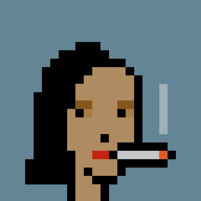 A pixel art portrait of a woman with long black hair smoking a cigarette, representing Cryptopunk #4065, which was purchased for 32.42 ETH (approximately $89,138 USD) in the transaction noted.