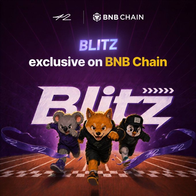 Promotional graphic for BLITZ on BNB Chain, featuring three cartoon animal characters (a koala, a fox, and a penguin) running on a track with 'BLITZ exclusive on BNB Chain' text.