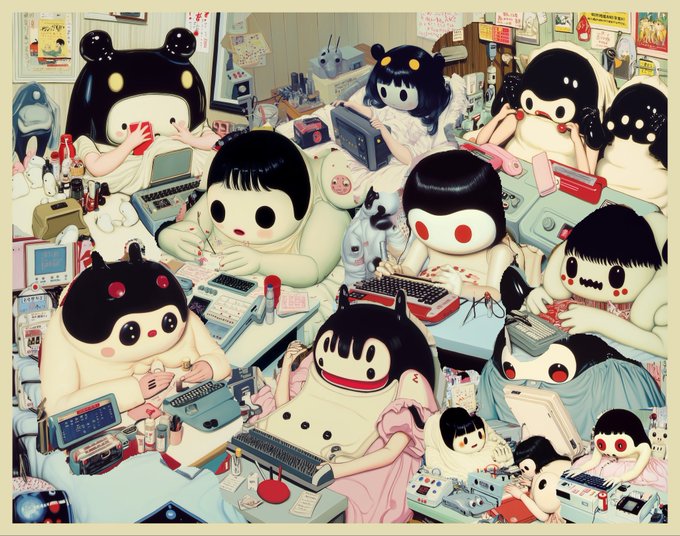 An illustration depicting multiple cute, pale, black-haired characters with large eyes working diligently at various desks with typewriters, phones, and office equipment in a cluttered, retro-style office.
