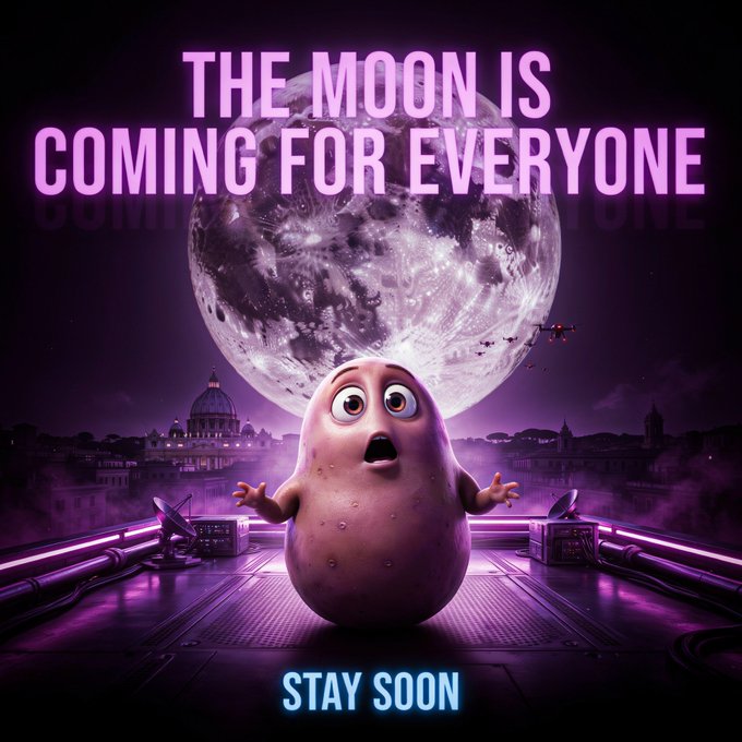 A wide-eyed animated potato character looks terrified in front of a looming giant moon over a purple-tinted cityscape, with the bold pink text "THE MOON IS COMING FOR EVERYONE" above and glowing blue text "STAY SOON" below, tying into the PatataScream ($PTS) crypto presale's "To The Moon" campaign theme.