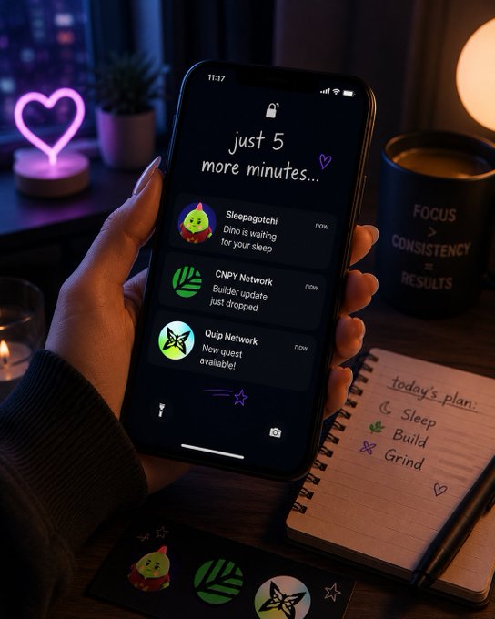 A hand holding a smartphone at night displaying crypto app notifications ('Sleepagotchi - Dino is waiting for your sleep', 'CNPY Network - Builder update just dropped', 'Quip Network - New quest available') with the message 'just 5 more minutes...', alongside a heart neon light, 'FOCUS > CONSISTENCY > RESULTS' mug, and a notebook labeled 'today's plan: Sleep, Build, Grind'.
