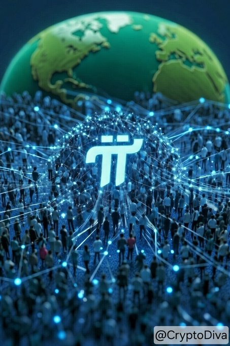 A digital artwork showing crowds of people connected by glowing blue network lines with a Pi (π) cryptocurrency symbol in the center and the Earth in the background, watermarked '@CryptoDiva'.