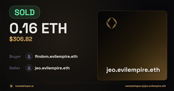A digital transaction confirmation showing 'SOLD 0.16 ETH $306.82' between buyer 'findom.evilempire.eth' and seller 'jeo.evilempire.eth' on namewhisper.ai.