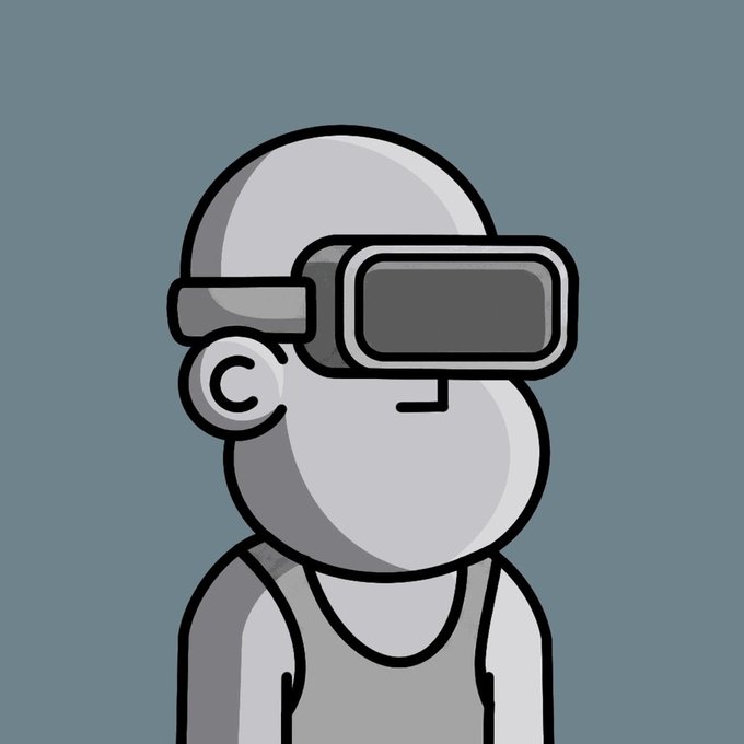 A cartoon figure wearing a gray VR headset with a blank expression is shown against a muted blue-gray background. The depiction of the headset-wearing character evokes the "numb to market volatility" sentiment in the post, suggesting indifference to fluctuating crypto prices and a passive stance of simply collecting regardless of market direction.