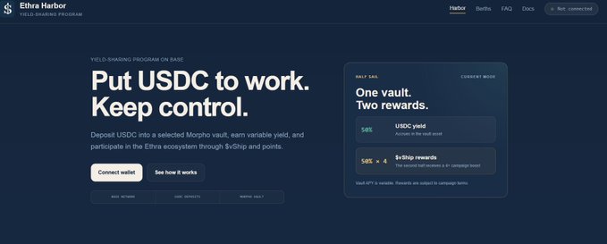 A screenshot of the Ethra Harbor yield-sharing program webpage with the headline 'Put USDC to work. Keep control.' and details about Morphero vault yields.