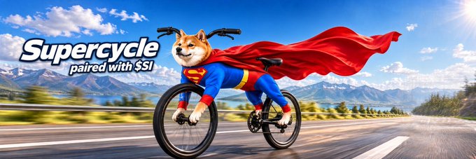 A Shiba Inu dressed as Superman speeds on a bicycle across a scenic mountain road, with the text "Supercycle paired with $SI" displayed in the upper left, promoting the Solana token $supercycle. The dynamic banner image captures the meme-inspired, heroic spirit of the token as highlighted in the community's Moby post.